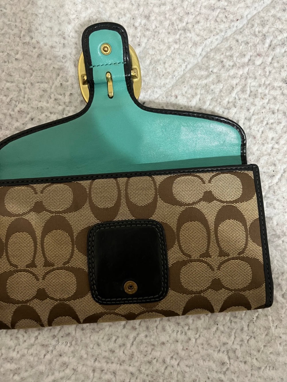 Coach Brown Signature Canvas Wallet with Black Trim and Gold Buckle - Picture 4 of 15